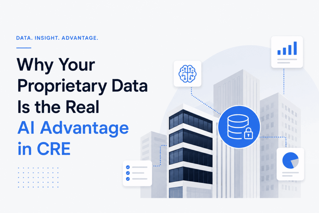Modern commercial real estate buildings connected to AI, analytics, and secure data icons, illustrating how proprietary data fuels AI insights and competitive advantage in commercial real estate.