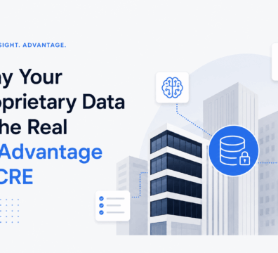 Modern commercial real estate buildings connected to AI, analytics, and secure data icons, illustrating how proprietary data fuels AI insights and competitive advantage in commercial real estate.