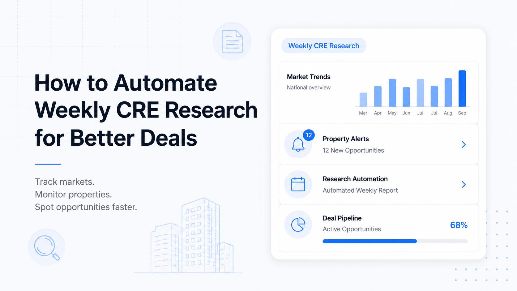 Minimalist SaaS-style illustration featuring the headline "How to Automate Weekly CRE Research for Better Deals" alongside a commercial real estate dashboard displaying market trends, property alerts, automated research reports, and deal pipeline analytics on a light background with blue accents.