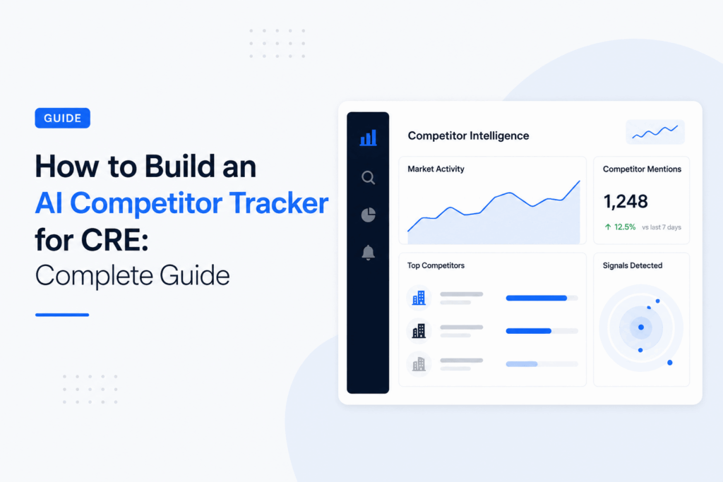 Modern AI competitor tracking dashboard for commercial real estate (CRE) featuring market activity charts, competitor intelligence metrics, and signal detection analytics in a clean blue-and-white SaaS interface.