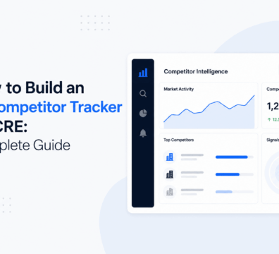 Modern AI competitor tracking dashboard for commercial real estate (CRE) featuring market activity charts, competitor intelligence metrics, and signal detection analytics in a clean blue-and-white SaaS interface.