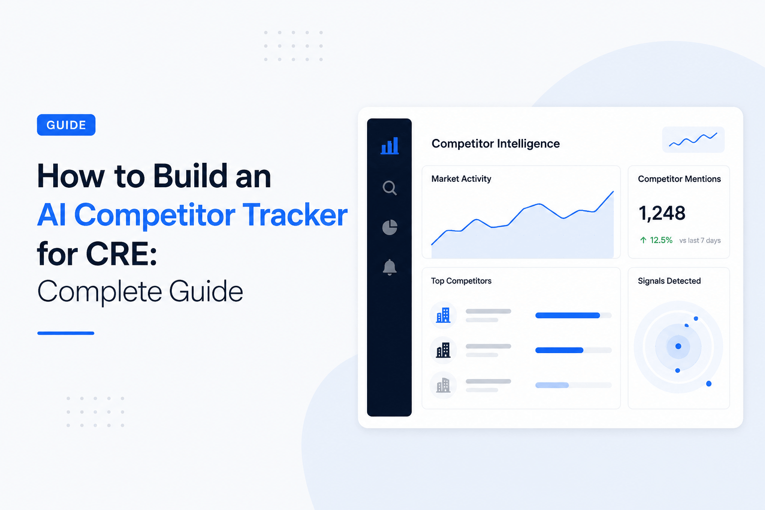 Modern AI competitor tracking dashboard for commercial real estate (CRE) featuring market activity charts, competitor intelligence metrics, and signal detection analytics in a clean blue-and-white SaaS interface.
