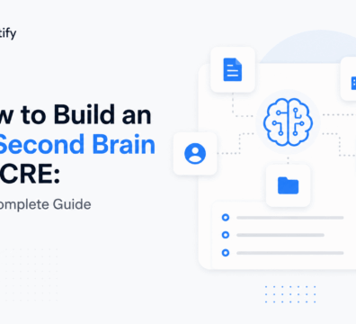 Minimalist feature illustration showing an AI second brain for commercial real estate, with a central AI network connected to documents, property data, analytics, contacts, and knowledge management tools on a light background with blue accents.