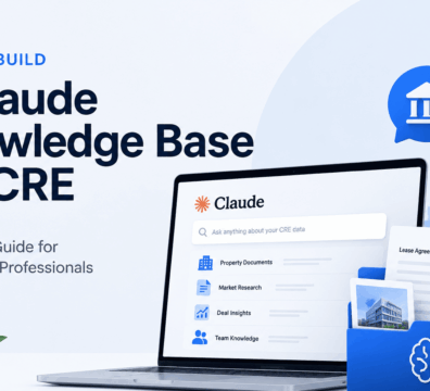Minimalist feature image showing a Claude-powered commercial real estate (CRE) knowledge base dashboard with property documents, market reports, lease agreements, and real estate data organized in a clean AI search interface on a light blue and white background.