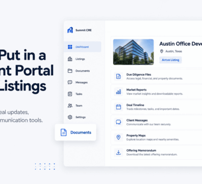 Modern commercial real estate client portal dashboard showing listing documents, market reports, deal timeline, client messages, property maps, and investor access tools for managing property listings.