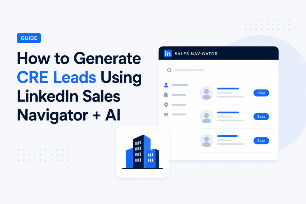 Minimalist feature image showing a LinkedIn Sales Navigator lead generation dashboard with CRE-focused prospect search results, blue accent colors, and a commercial real estate building icon on a clean light background.