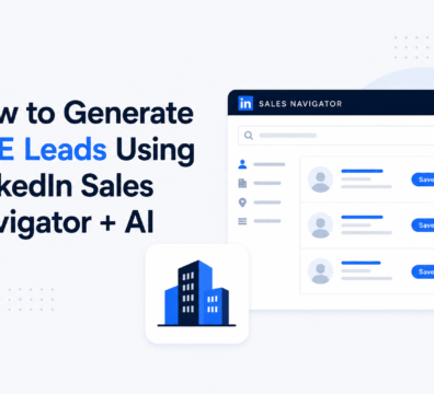 Minimalist feature image showing a LinkedIn Sales Navigator lead generation dashboard with CRE-focused prospect search results, blue accent colors, and a commercial real estate building icon on a clean light background.