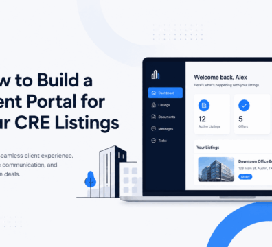 Minimalist commercial real estate client portal interface displayed on a laptop screen, featuring listing management, documents, messaging, and deal tracking tools with a clean white background and blue SaaS-style design elements.