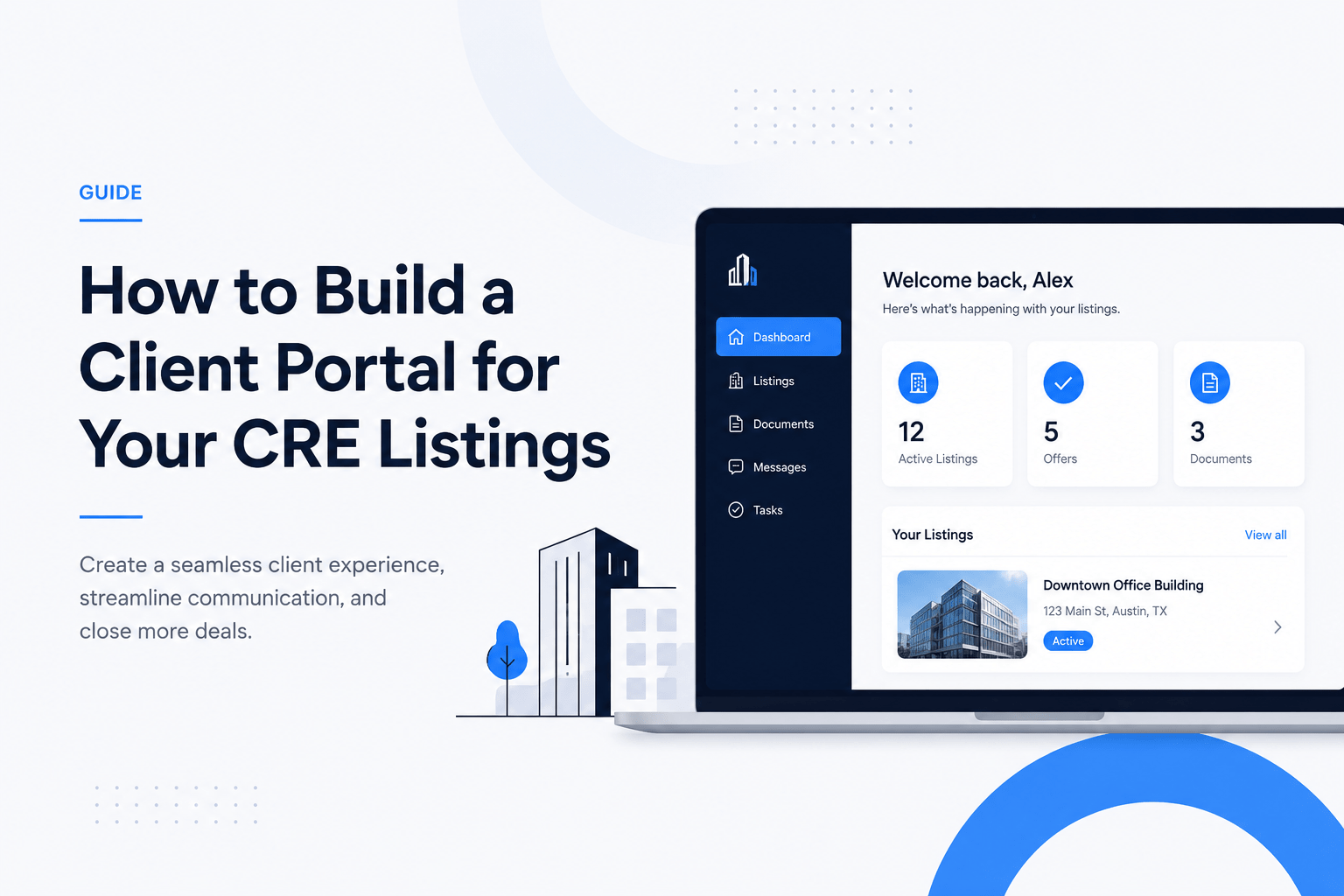 Minimalist commercial real estate client portal interface displayed on a laptop screen, featuring listing management, documents, messaging, and deal tracking tools with a clean white background and blue SaaS-style design elements.