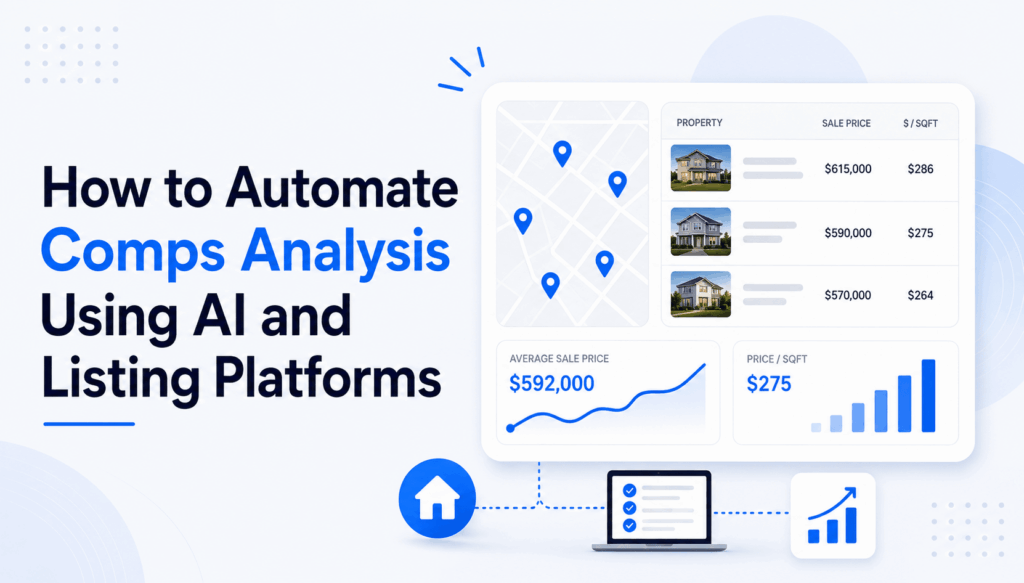 Modern dashboard illustration showing automated real estate comps analysis with property listings, location mapping, pricing data, and performance charts powered by AI and listing platform workflows.