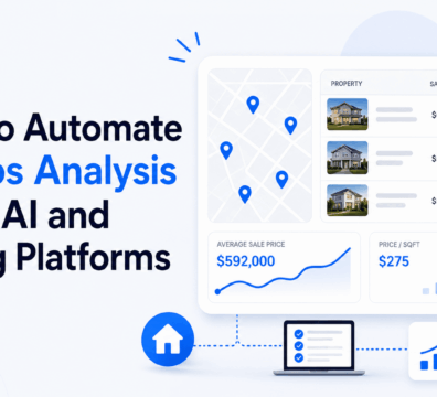 Modern dashboard illustration showing automated real estate comps analysis with property listings, location mapping, pricing data, and performance charts powered by AI and listing platform workflows.