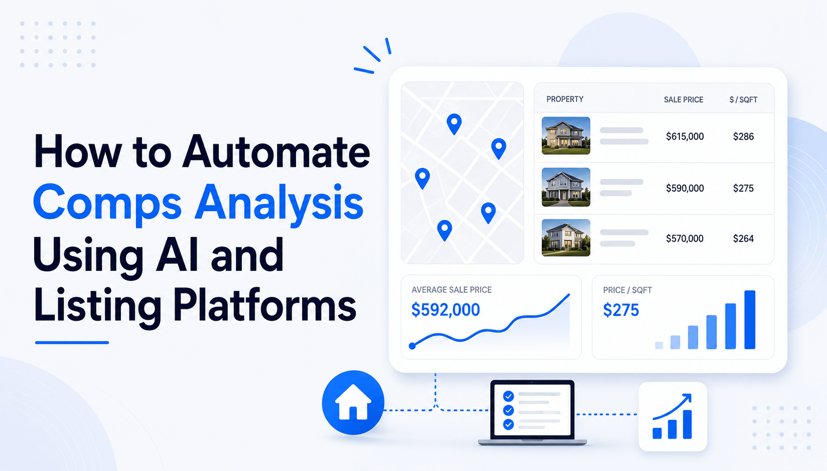 Modern dashboard illustration showing automated real estate comps analysis with property listings, location mapping, pricing data, and performance charts powered by AI and listing platform workflows.