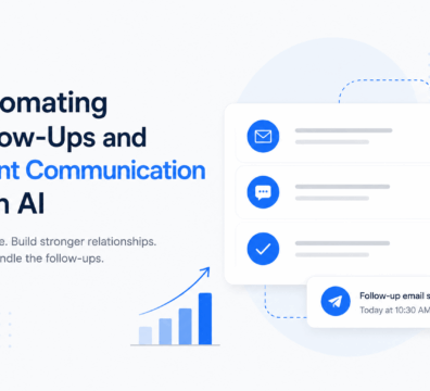 Minimalist SaaS-style illustration showing an automated client communication dashboard with follow-up emails, messaging workflows, task completion indicators, and performance growth metrics on a clean white and blue interface.