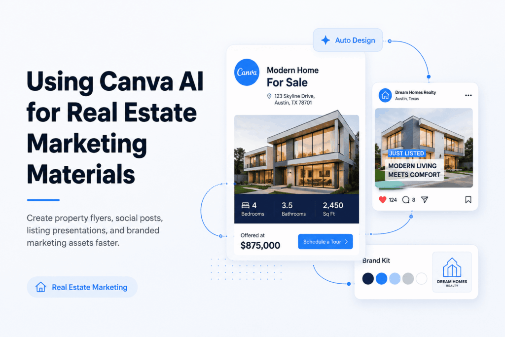 Clean, light-themed graphic featuring a real estate marketing workflow with a property flyer, social media listing post, and brand kit connected through a modern Canva AI design interface. Blue and white SaaS-style cards highlight real estate content creation and branding tools.