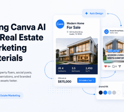 Clean, light-themed graphic featuring a real estate marketing workflow with a property flyer, social media listing post, and brand kit connected through a modern Canva AI design interface. Blue and white SaaS-style cards highlight real estate content creation and branding tools.