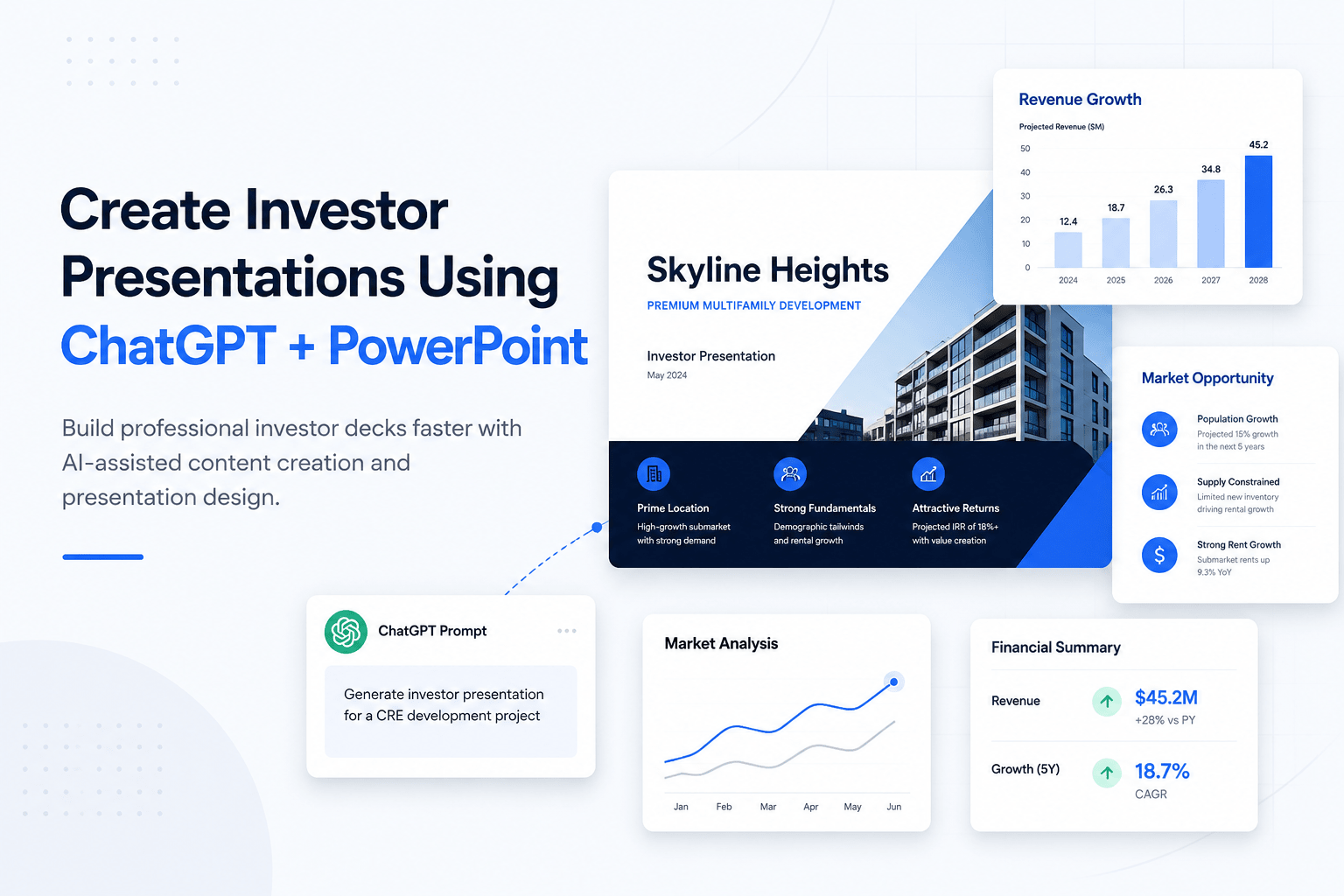 Modern feature graphic showing a professional investor presentation workflow using ChatGPT and PowerPoint, including presentation slides, market analysis charts, revenue growth metrics, financial summaries, and AI-assisted content creation elements on a clean light background.