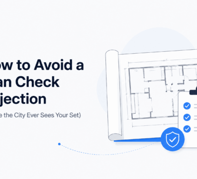 Architectural plans and a compliance checklist with approval icons, illustrating how to avoid plan check rejections through accurate construction documentation and permit-ready drawings.