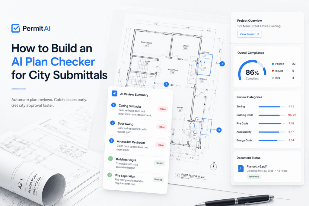 Modern AI plan checker dashboard reviewing architectural blueprints for city permit submittals, displaying automated code compliance checks, zoning validation, issue detection, and document review analytics.
