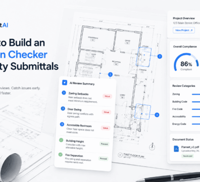 Modern AI plan checker dashboard reviewing architectural blueprints for city permit submittals, displaying automated code compliance checks, zoning validation, issue detection, and document review analytics.