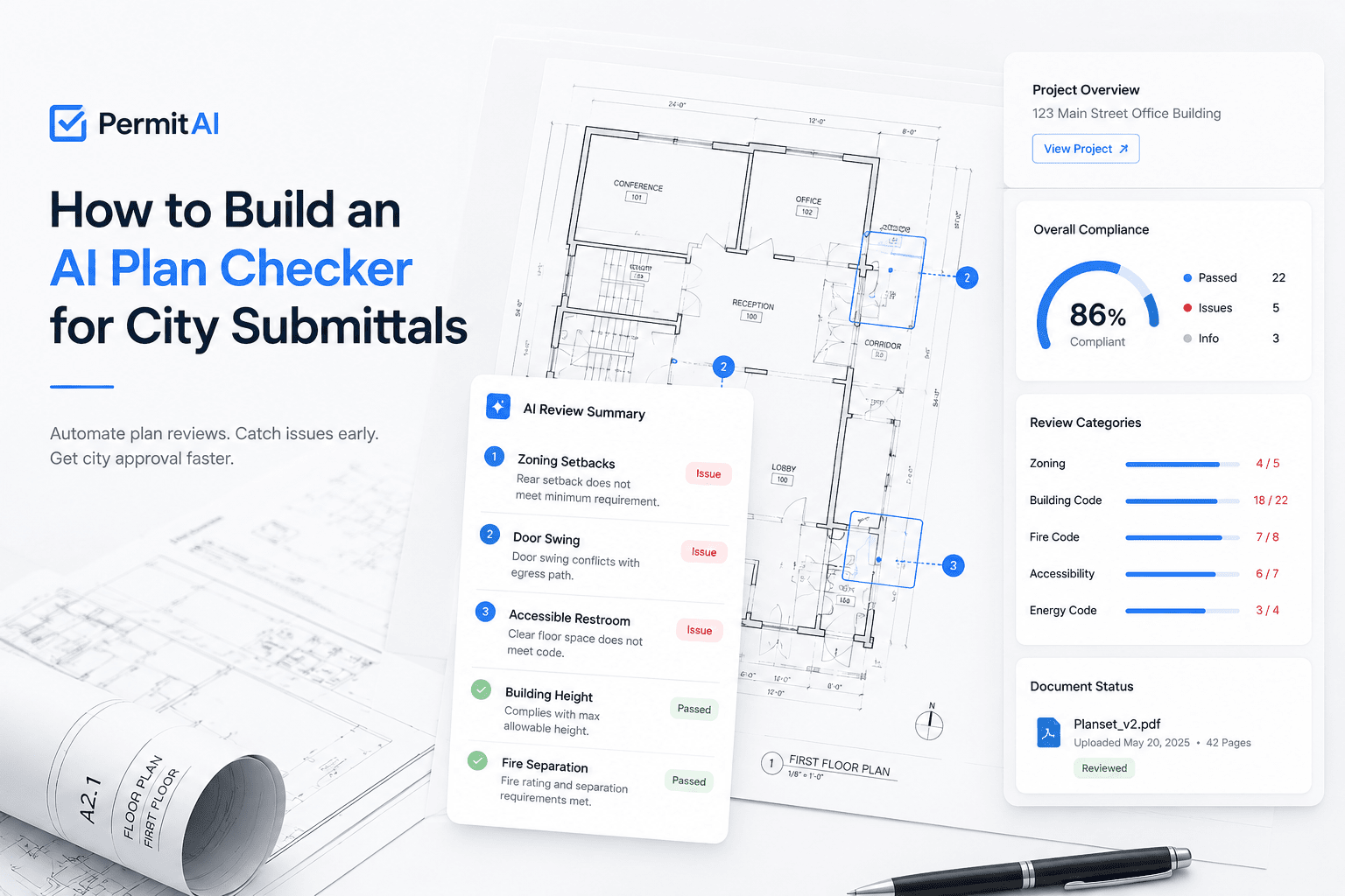 Modern AI plan checker dashboard reviewing architectural blueprints for city permit submittals, displaying automated code compliance checks, zoning validation, issue detection, and document review analytics.