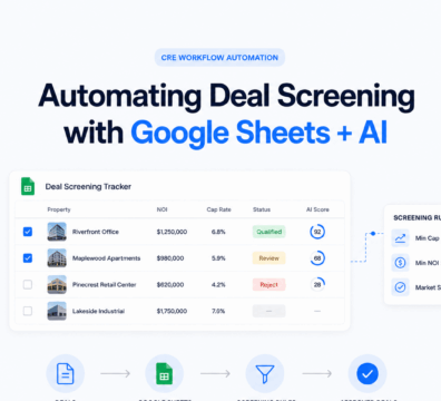 Dashboard illustration showing automated deal screening using Google Sheets and AI, including property data, cap rates, NOI metrics, screening rules, AI scoring, and qualified deal approvals in a streamlined workflow.