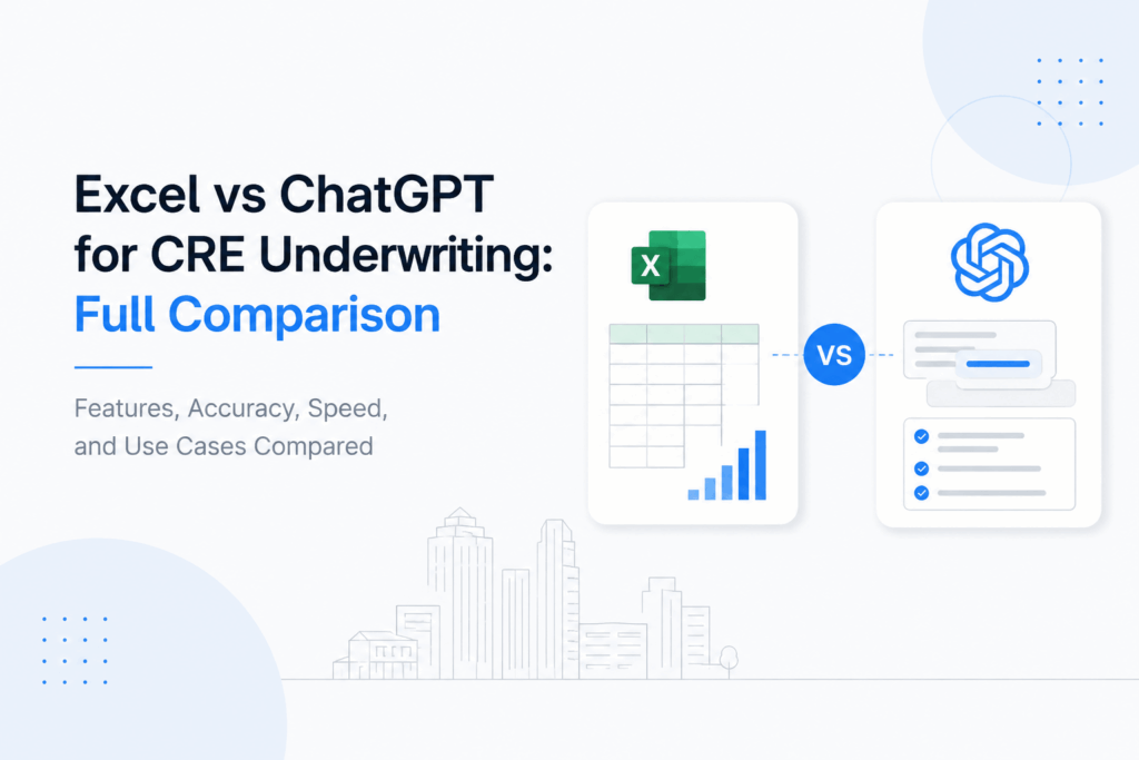Minimalist feature image comparing Excel and ChatGPT for CRE underwriting. The design shows an Excel spreadsheet card and a ChatGPT workflow card connected by a versus symbol, representing a comparison of features, accuracy, speed, and underwriting applications in commercial real estate.