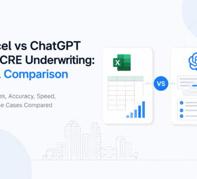 Minimalist feature image comparing Excel and ChatGPT for CRE underwriting. The design shows an Excel spreadsheet card and a ChatGPT workflow card connected by a versus symbol, representing a comparison of features, accuracy, speed, and underwriting applications in commercial real estate.