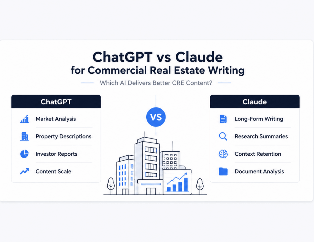 Minimalist comparison graphic titled "ChatGPT vs Claude for Commercial Real Estate Writing" featuring side-by-side panels outlining key capabilities of each AI tool, connected by a central VS icon above a commercial real estate building illustration on a light background.