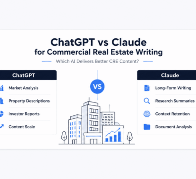 Minimalist comparison graphic titled "ChatGPT vs Claude for Commercial Real Estate Writing" featuring side-by-side panels outlining key capabilities of each AI tool, connected by a central VS icon above a commercial real estate building illustration on a light background.