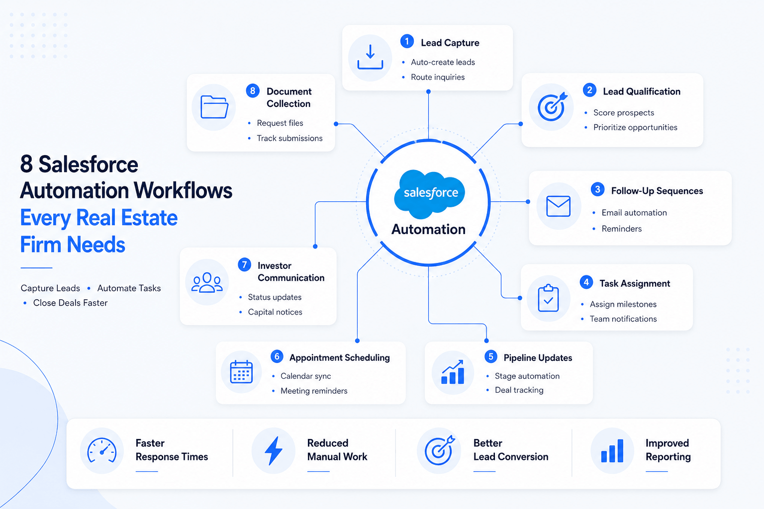 Landscape infographic showing eight Salesforce automation workflows connected to a central automation hub for real estate firms, including lead capture, qualification, follow-up sequences, task assignment, pipeline updates, appointment scheduling, investor communication, and document collection, with business benefits displayed along the bottom.